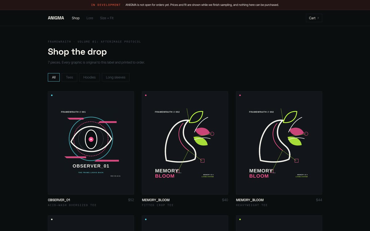 Витрина магазина ANIGMA: корзина, «Shop the drop», фильтры и три товара с ценами — каталог, который ведут агенты